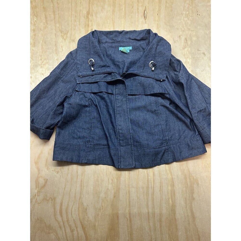 Sandro Denim Blue Jacket Cropped Dark Wash Lightweight 3/4 Sleeve Women's L